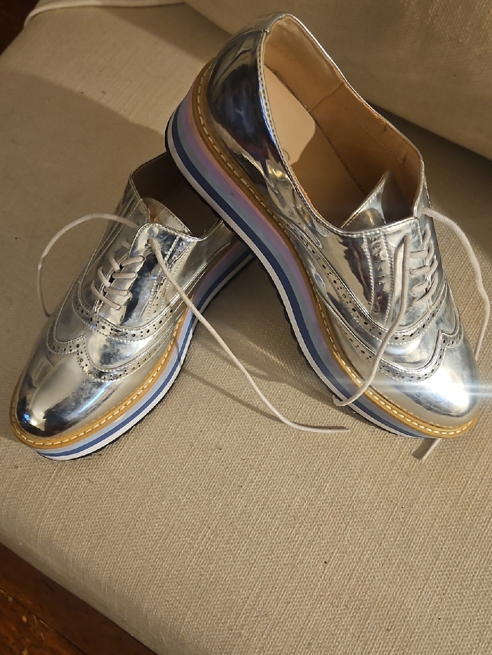 Aldo Silver Metallic Lace-Up Platform Oxfords with Striped Sole